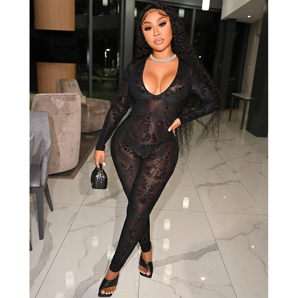 DY6676 European and American women's clothing Amazon Wish sexy deep U perspective mesh printed slim jumpsuit nightclub
