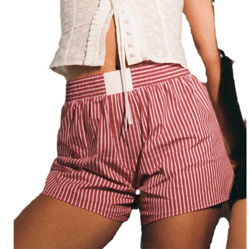 Fashion Pinstripe Patchwork Shorts Women Y2k Vintage Middle Elastic Waist Shorts with Pocket Women Casual Pajama Pants