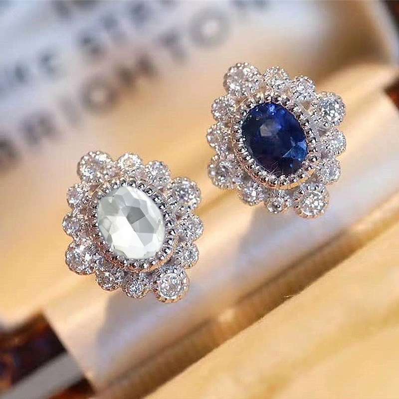 Cao Shi Live Online Celebrity Vintage Earrings New Arrival Diamond Sapphire Blue Zircon Flower-Shaped Earrings Trendy Earrings for Women