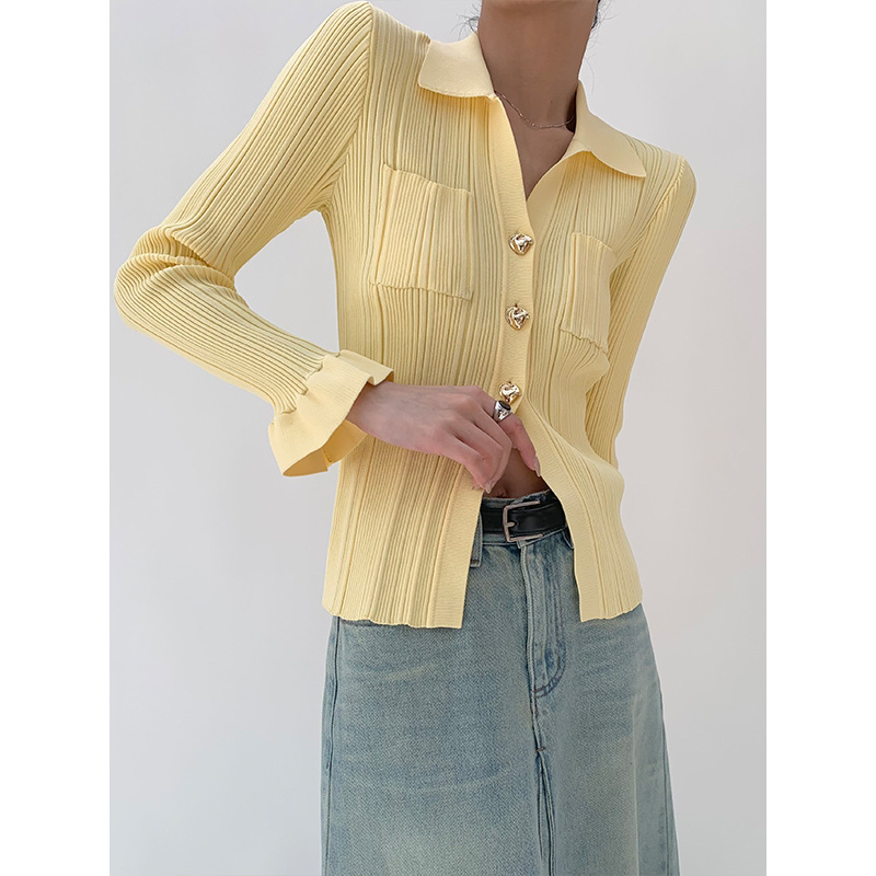 [Nouveauté le 21/03] Nouveau design Sense Split Knitted Jacket Cardigan jaune clair au printemps 2024_voghion.com