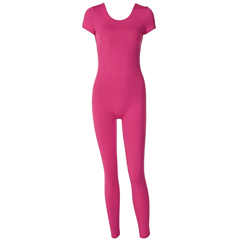 European and American 2024 summer women's new solid color short sleeve backless slim hip sports fitness jumpsuit women's wholesale