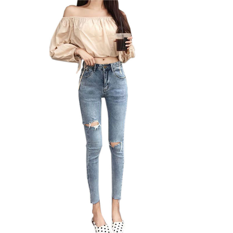 Ripped Jeans Women's New Korean-style Slim-fit Ankle-length Pants Tight Elastic Burr-edge Pencil Pants for Children