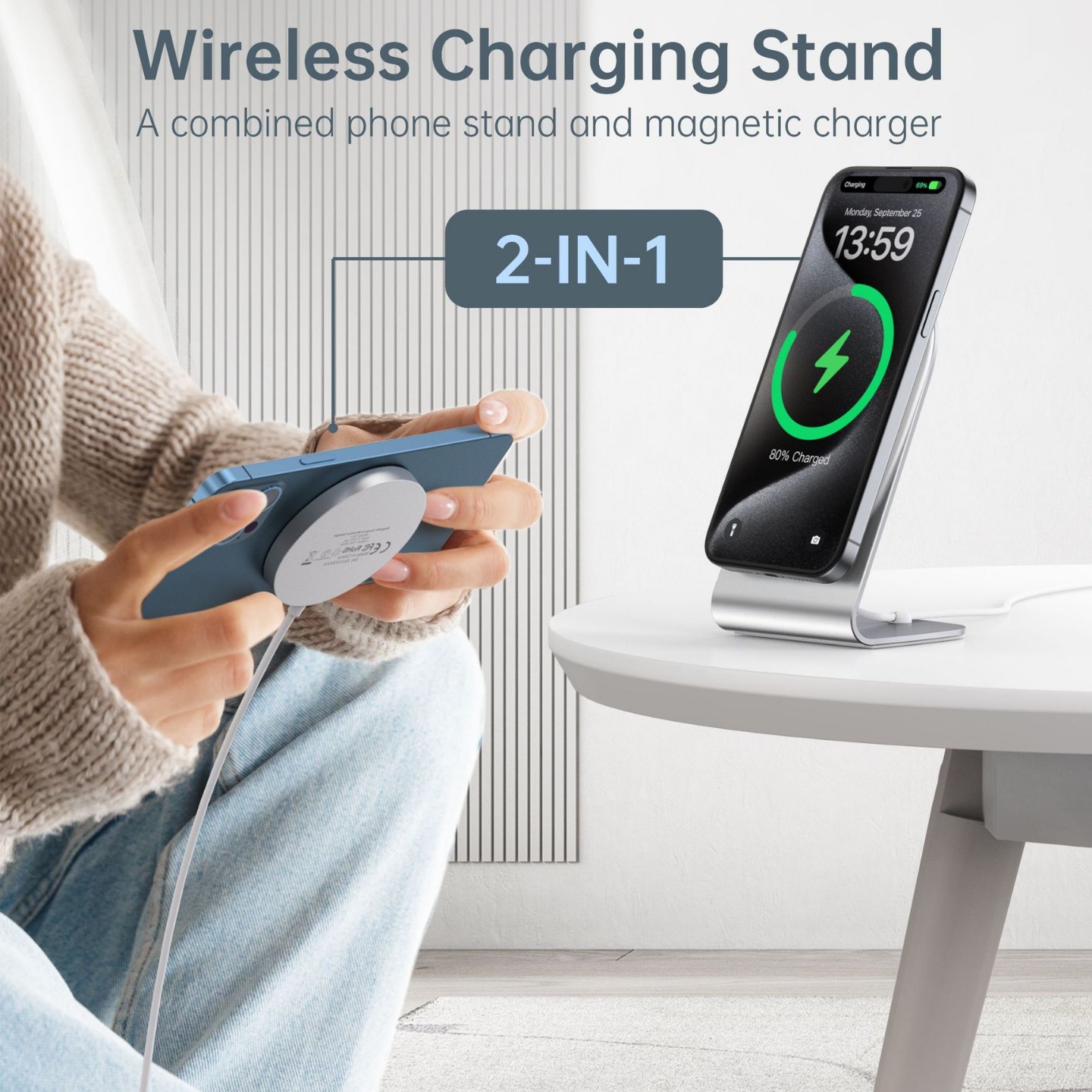 Cross-border explosions aluminum alloy mobile phone bracket magnetic magsafe wireless charging for iphone fast charging 15W vertical