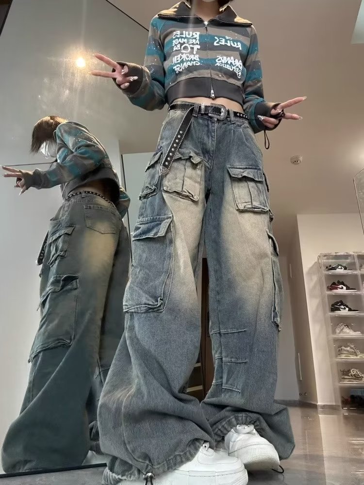 美式多口袋設計感高街美式工裝牛仔褲女闊腿寬鬆小眾水洗做舊褲子
