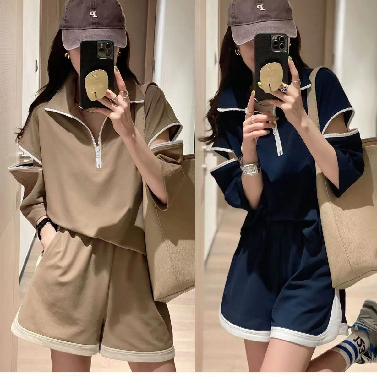 Fashion Casual Sports Suit Women's European Station Spring and Summer New Zipper Lapel Wide Leg Shorts Design Sense Two-piece Fashionable Suit