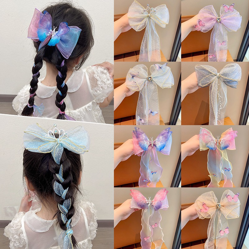 Girls' hair accessories bow ribbon tie hair braiding hairpin movable butterfly wings mesh cute princess headdress