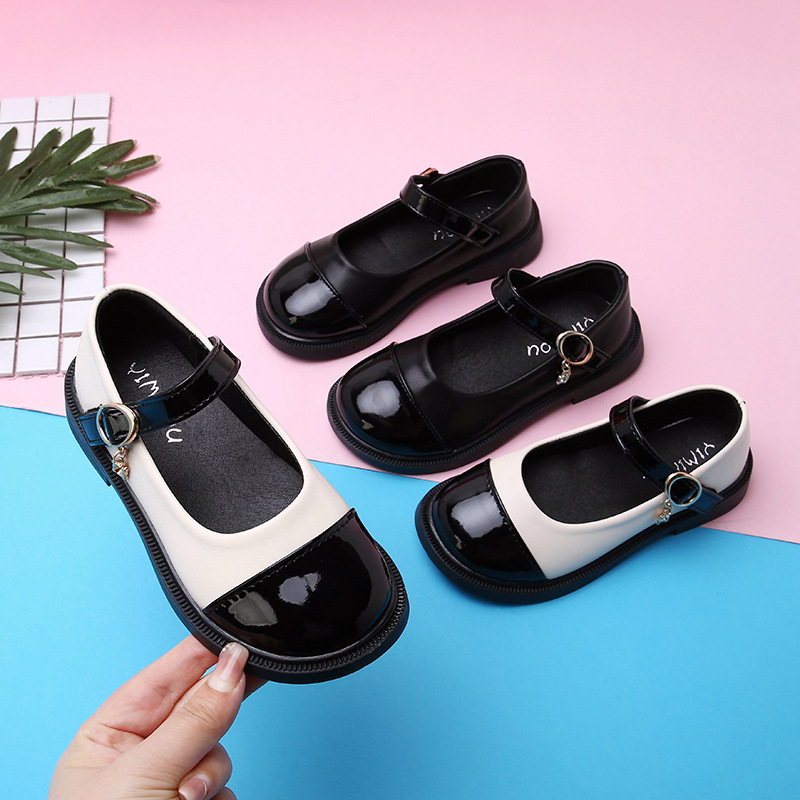 Autumn 2023 New Children's and Girls' Leather Shoes Soft-soled Black Single-layer Shoes Children's Color-matching Little Girl Princess Shoes Trendy