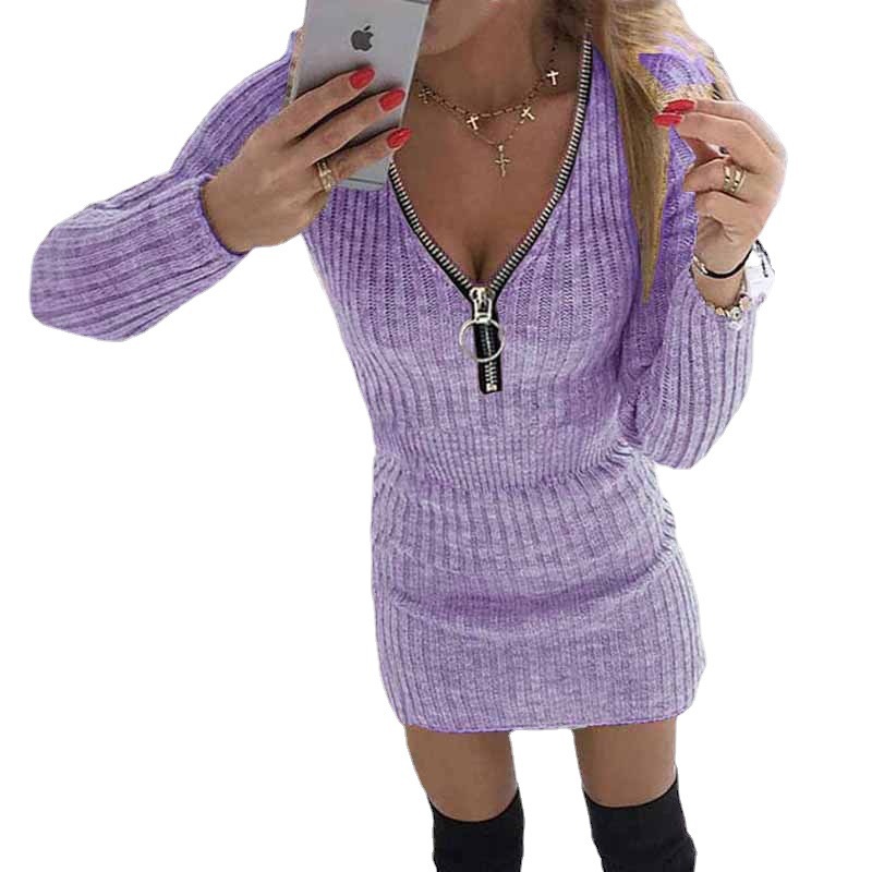 2024 autumn and winter European and American wish independent station cross-border foreign trade women's zipper waist long-sleeved knitted hip dress