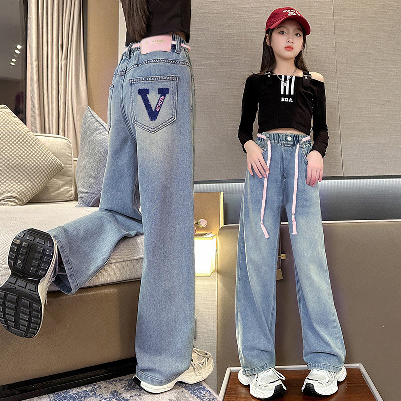 2024 Spring and Autumn New High Waist Straight Middle and Big Children's Wide Leg Pants Casual Children's Loose Autumn Girls' Denim Pants