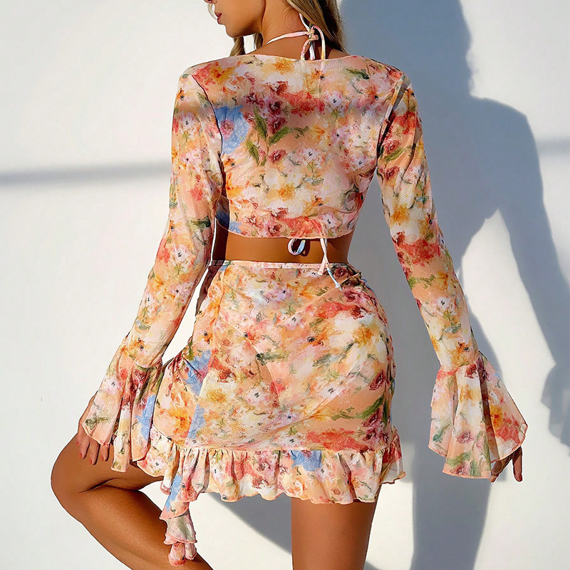 Amazon swimsuit 2024 new European and American printed trendy beach skirt bikini four-piece swimsuit for women