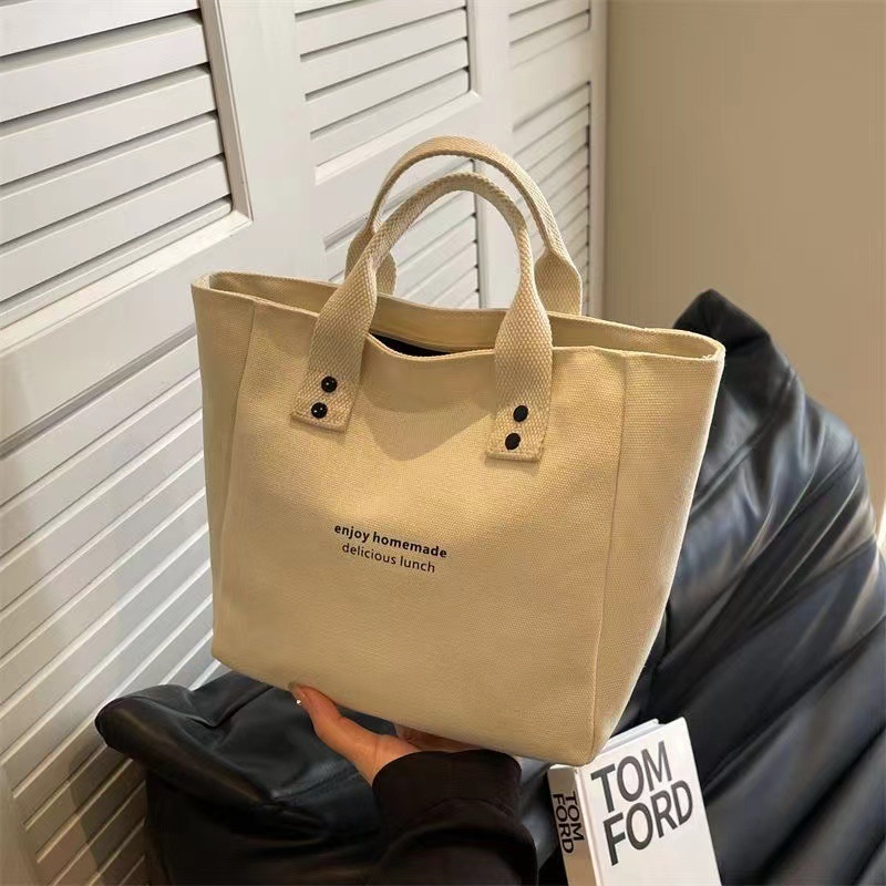 Cross-border new canvas solid color handbag Japanese-style office worker simple lunch box bag contrast color shoulder bag factory wholesale