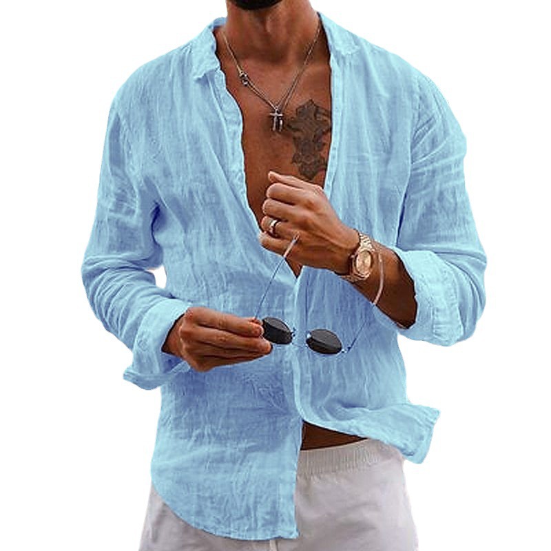 Cross-border Foreign Trade Supply Shirt Men's 2024 New Solid Color Loose Single-breasted Lapel Cotton Linen Long-sleeved Shirt