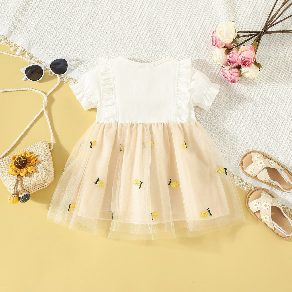 Summer Children's skirt 2023 new children's clothing knitted stitching pineapple embroidered mesh bow short sleeve girl dress