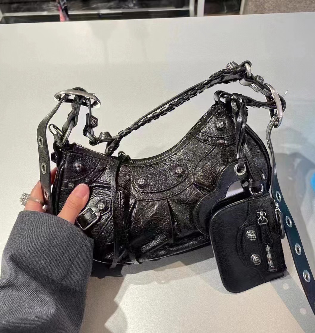23 New Armpit Bag Rivet Tassel Triple January Fold Cowhide Shoulder Crossbody Leather Women's Bag Bike Bag