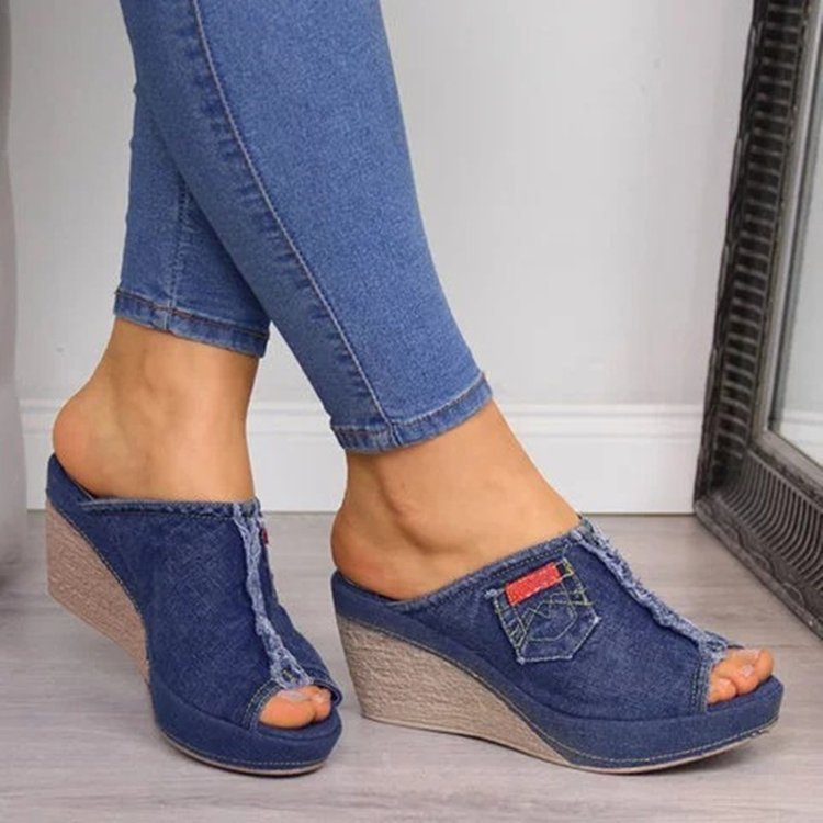 European and American Foreign trade plus size 35-45 sandals 2021 summer denim wedge peep toe slippers casual women's shoes