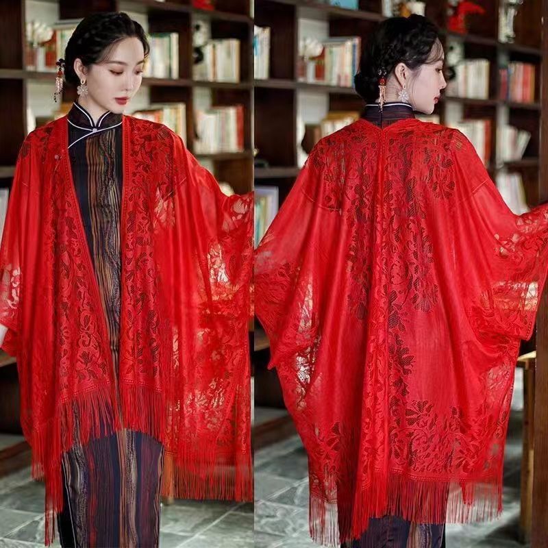 Summer Thin Sunscreen Lace Hollow Shawl Jacquard Silk Scarf Ethnic Style Tassel Women's Cheongsam Wearing Western Style