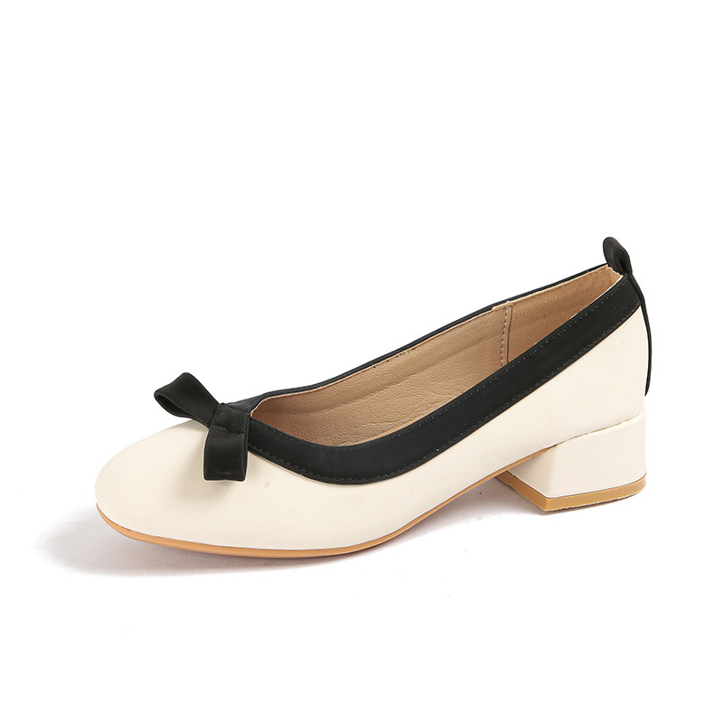 [Grape Mom Same Style] French Evening Wind Bow High Heels Square Head Shallow Mouth Thick Heel Shoes Women's Summer and Autumn