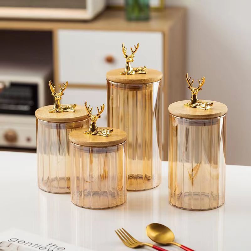 Deer head Nordic glass sealed jar food grade household tea tangerine peel storage jar with lid grain grain collection