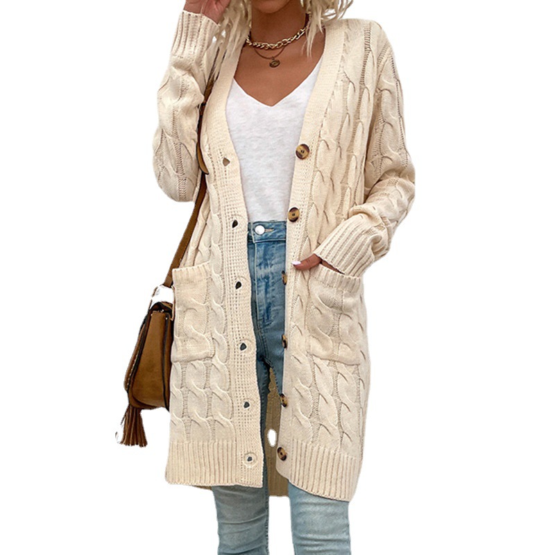Mao Mao Yu European and American Foreign trade knitwear autumn and winter 2023 long twist sweater women's Amazon new button cardigan