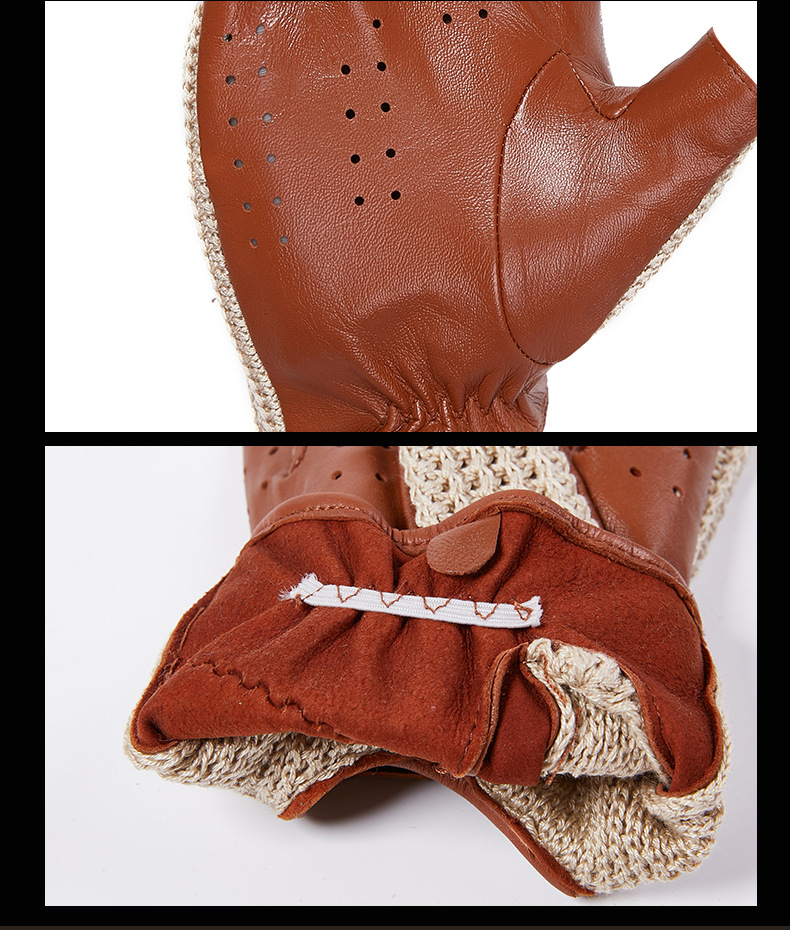 New Men's Half Finger Genuine Leather Gloves Woven Hand Back Autumn and Winter Anti-slip Motorcycle Motorcycle Sheepskin Thin_voghion.com