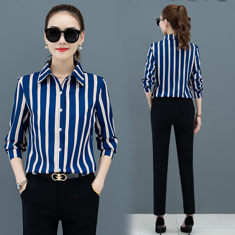 New Printed Striped Shirt Women's Long-sleeved Striped Business Wear Work Clothes Large Size Women's Fashionable Base Shirt Women's White