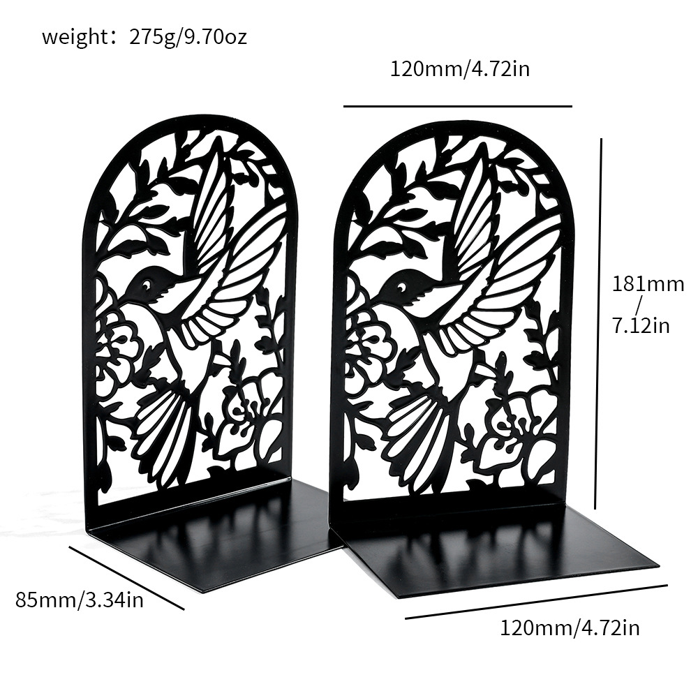 Amazon new creative metal cutting silhouette hummingbird bookend bookshelf book holder wholesale desktop decoration