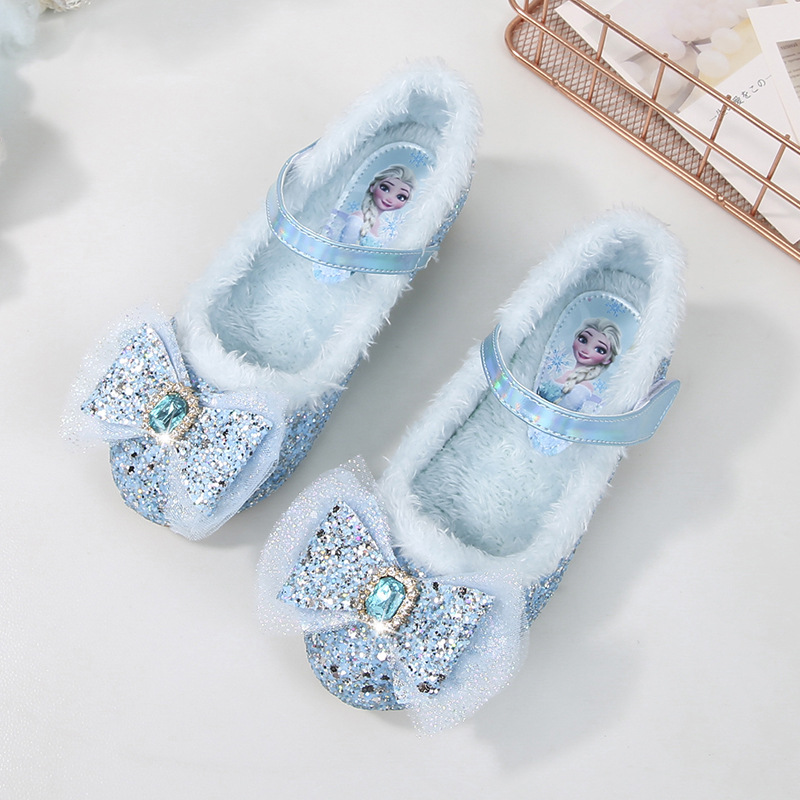 Girls Princess Shoes Women's Royal Blue Crystal Shoes Winter New Velvet Shoes Fashion Bow Elsa High Heels