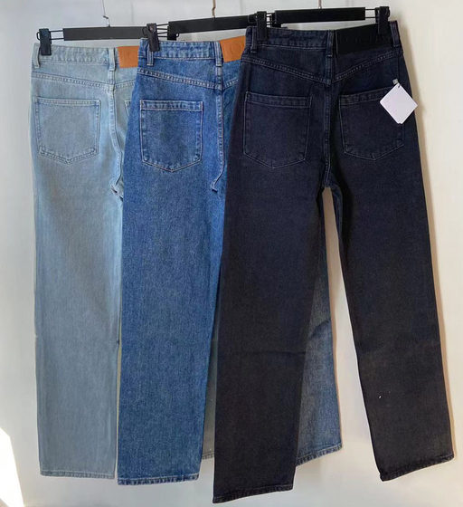 Autumn and winter new LOE with high waist Hollow Patch embroidered LOGO decoration casual dark blue straight tube denim pants