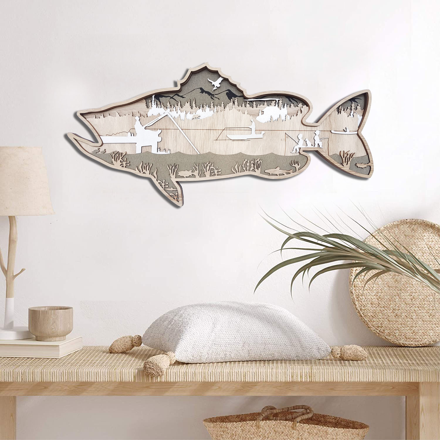 跨境新品鱸魚鮭魚木質工藝品掛件創意北美海洋動物家居裝飾品擺件