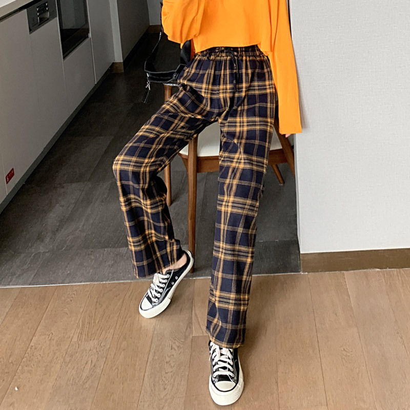 Black and White Plaid Pants Women's Spring and Autumn New High Waist Loose Straight Tube Draping Internet Popular Casual Floor Mopping Pants Wide Leg Pants