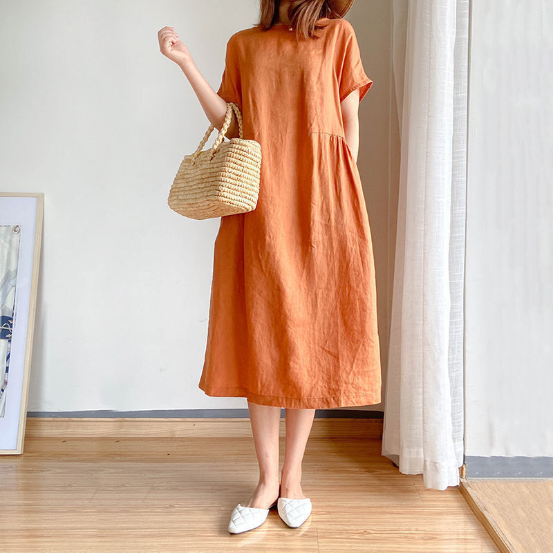 Simple Literary Style Loose Slimming Look Dress Women's Summer 2024 New Large Size Fat Mm Mid-length Skirt