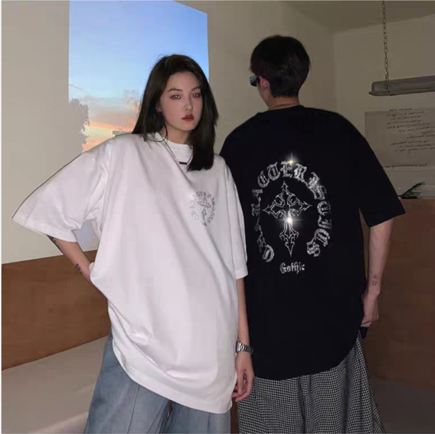 American Street T-shirt High Street Pure Cotton chic Hong Kong Style Top Short Sleeve Men's Summer Cross Hot Diamond Couple Half Sleeve