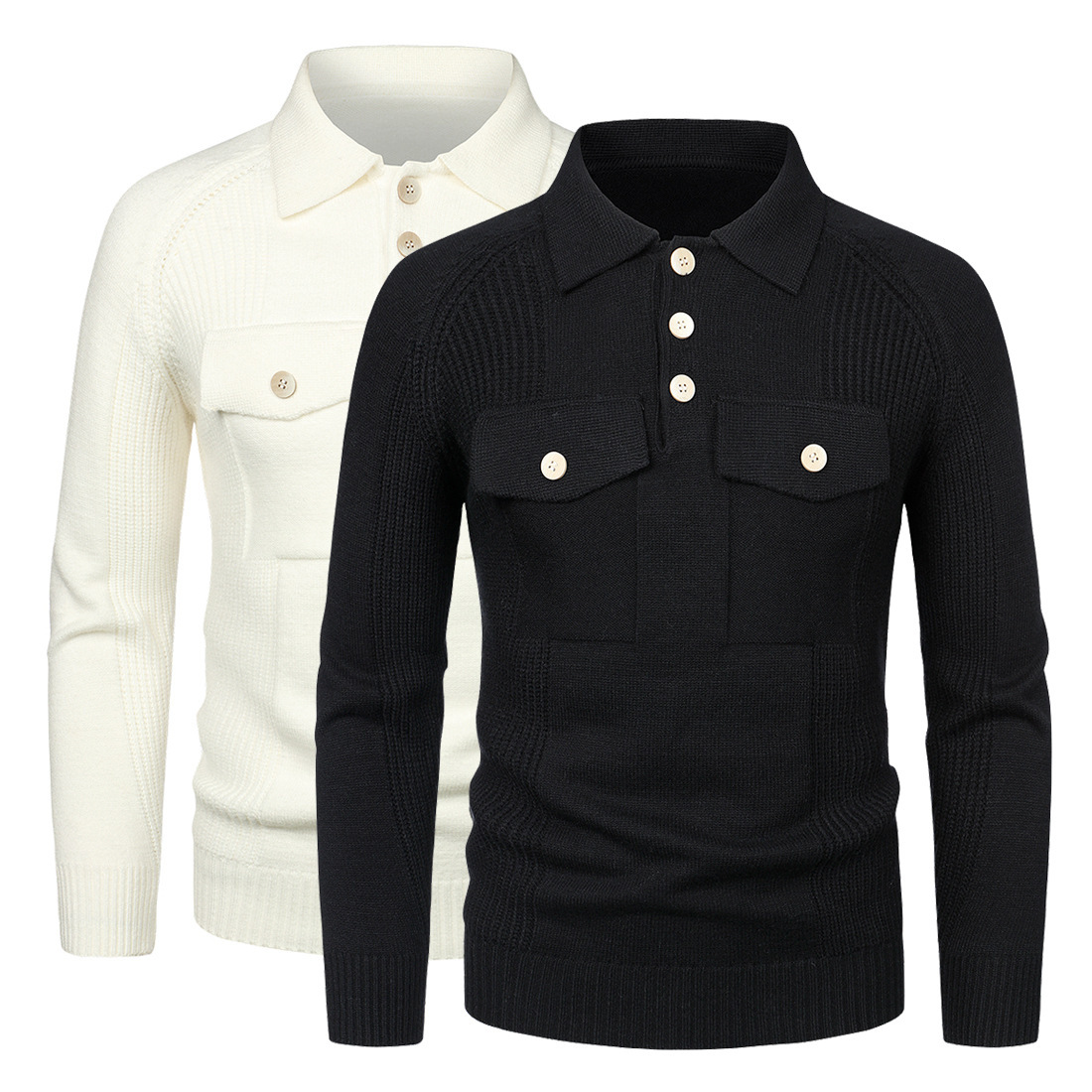 Autumn 2022 New Men's Pocket Decorative Lapel Workwear Knitwear Raglan Sleeve Slim Fit Sweater YM141