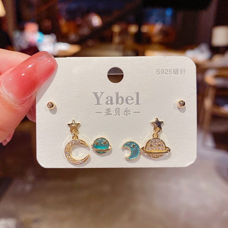 High quality s925 silver needle zircon 6 suit small earrings female Korean simple temperament three pairs of earrings wholesale