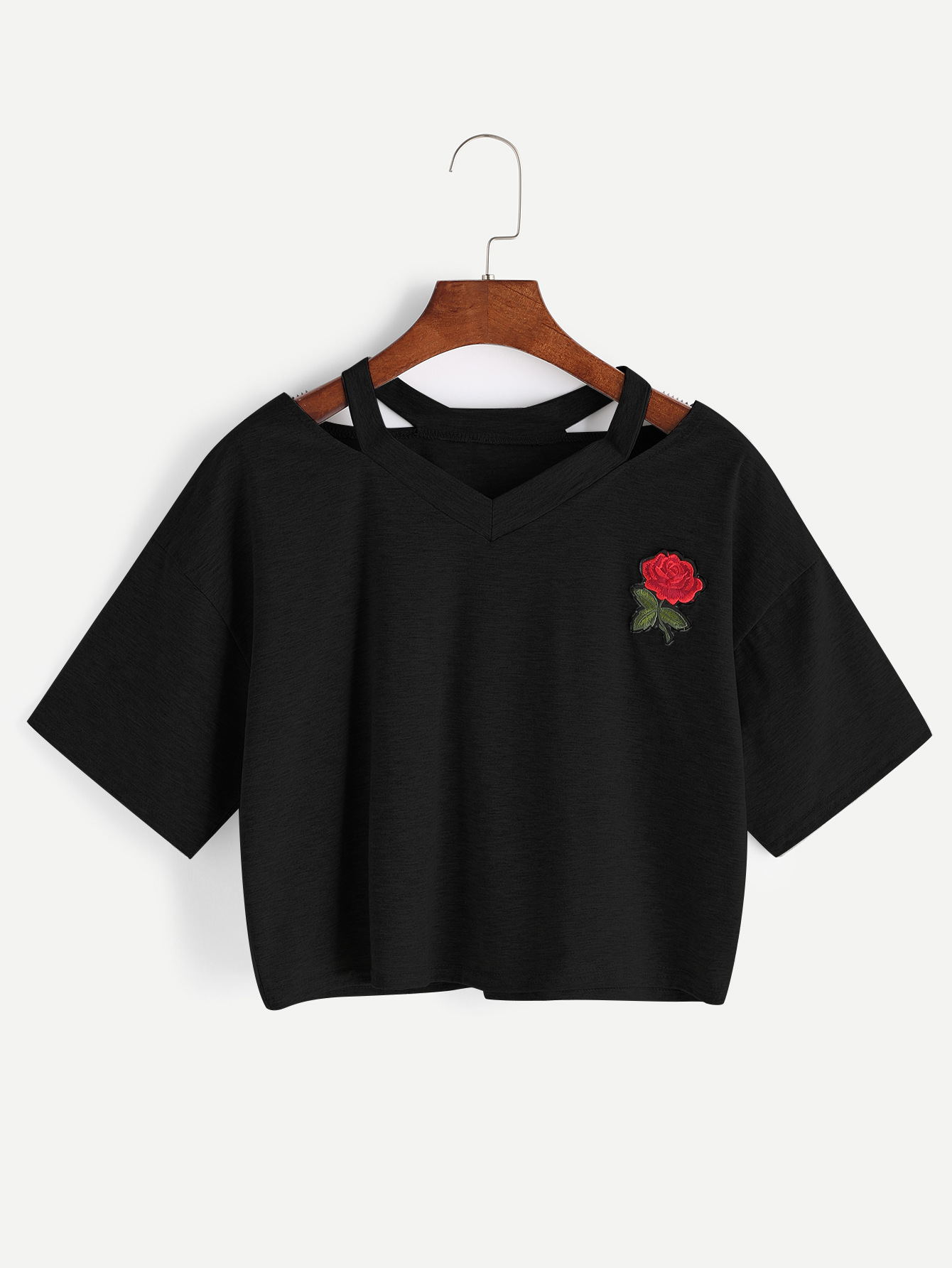 2021 European and American AA style sexy embroidery rose short T-shirt women