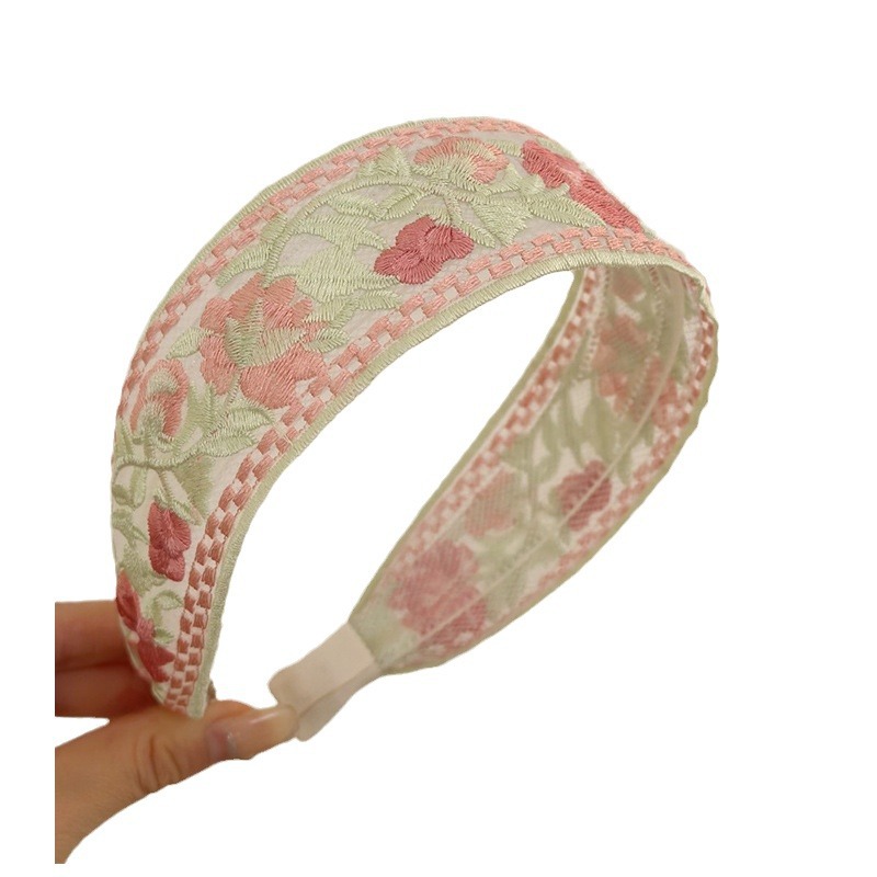 New Chinese Embroidered Flower Headband Women's High-end Ethnic Style Floral Cotton Linen Fabric Wide-brimmed High Cranial Top Head Hoop