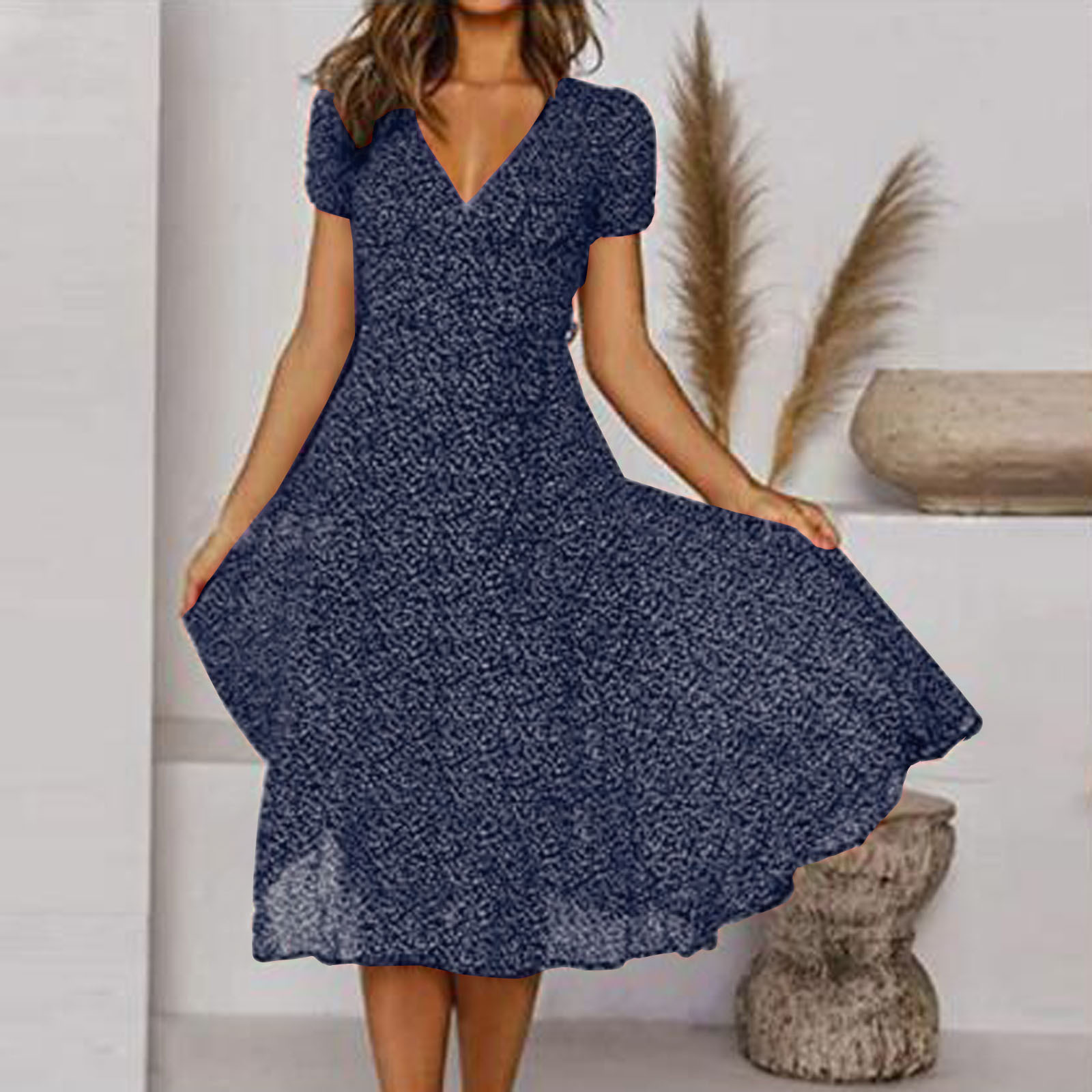 2021 spring and summer cross-border women's clothing eaby Amazon popular short sleeve V-neck sexy floral dot print dress