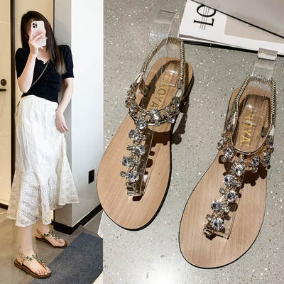 Spot round head breathable flat viscose shoes 2023 Summer new elastic clip toe rhinestone sandals women Wholesale