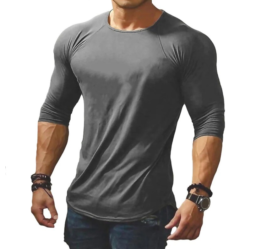 2022 Spring and Summer Cross-border Foreign Trade New Casual Solid Color Men's Round Neck Long-sleeved T-shirt Slim-fit Youth T-shirt