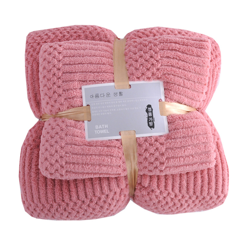 Factory coral fleece towel towel bath towel suit auspicious grid soft absorbent two-piece set opening ceremony
