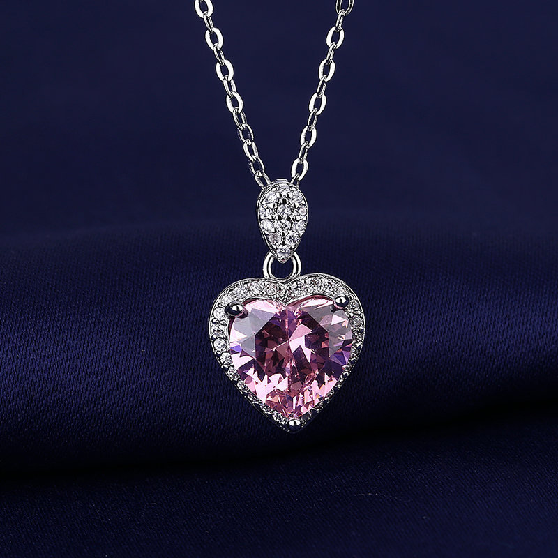 Live Streaming 3 Carat Pink Crystal Necklace for Women, Lockchain, European and American Fashion, Lady's Heart Pendant, Wholesale Necklace