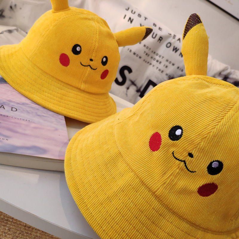 Pikachu Hat Yellow Fisherman Hat Women's Spring and Summer Children's Cute Japanese Ear Cartoon Parent-Child Sun Hat Mother-Daughter