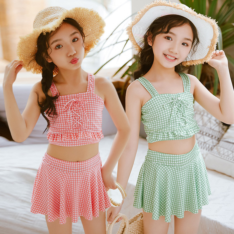 Children's Swimwear Girls Split Cute Baby Girl Two-Piece Set Large Children's Simple Wind Plaid Swimwear Factory Wholesale