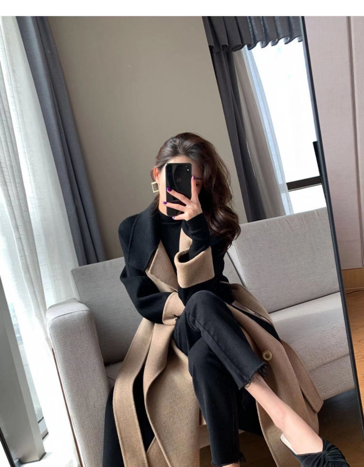 Uldfrakke Dame lang 2023 vinter Ny dobbeltsidet fleece uld farveblok Elegant Hepburn stil slankende frakke_voghion.com