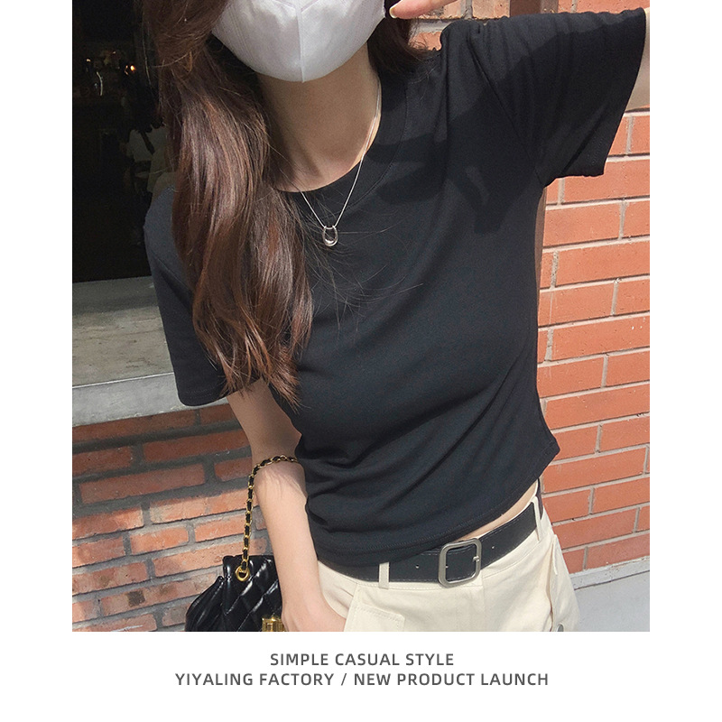 White Shoulder Short-sleeved T-shirt Women's Summer Pure Cotton Slim-fit Slimming All-match Short T-shirt Basic Base Top