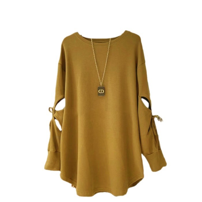 2024 Women's Thin Sweatshirt Spring and Autumn New Mid-length Thailand Southeast Asia Bow Sleeve European-Korean Fashion Shirt