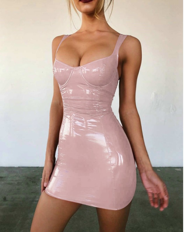 Sexy nightclub Disco Lady Lady Bright strap waist slimming PU leather strap dress Q176