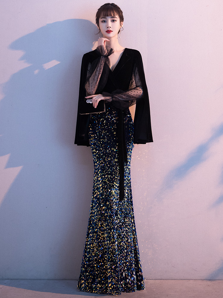 Black evening dress for women 2024 spring new banquet fishtail temperament annual meeting host banquet dress