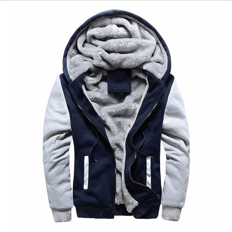 Cross-border foreign trade Winter New Sports European and American men's thick sweater fleece-lined zipper cardigan color matching hooded coat for men
