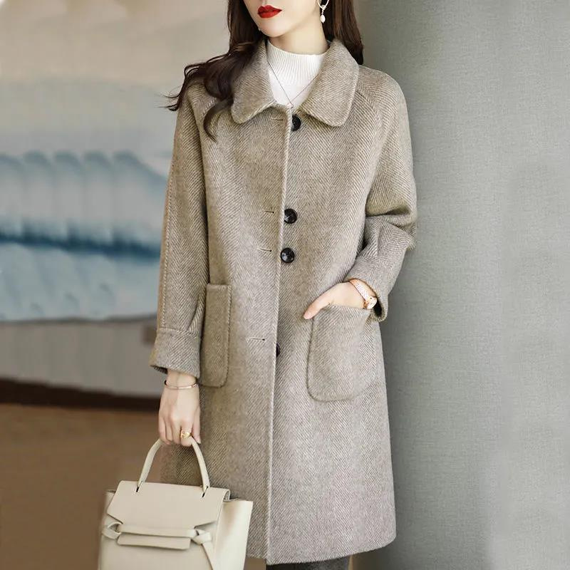 Woolen Coat Women's 2023 Autumn and Winter New Style Small Thickened Korean Style Slim-fit Elegant Mid-length Woolen Coat_voghion.com